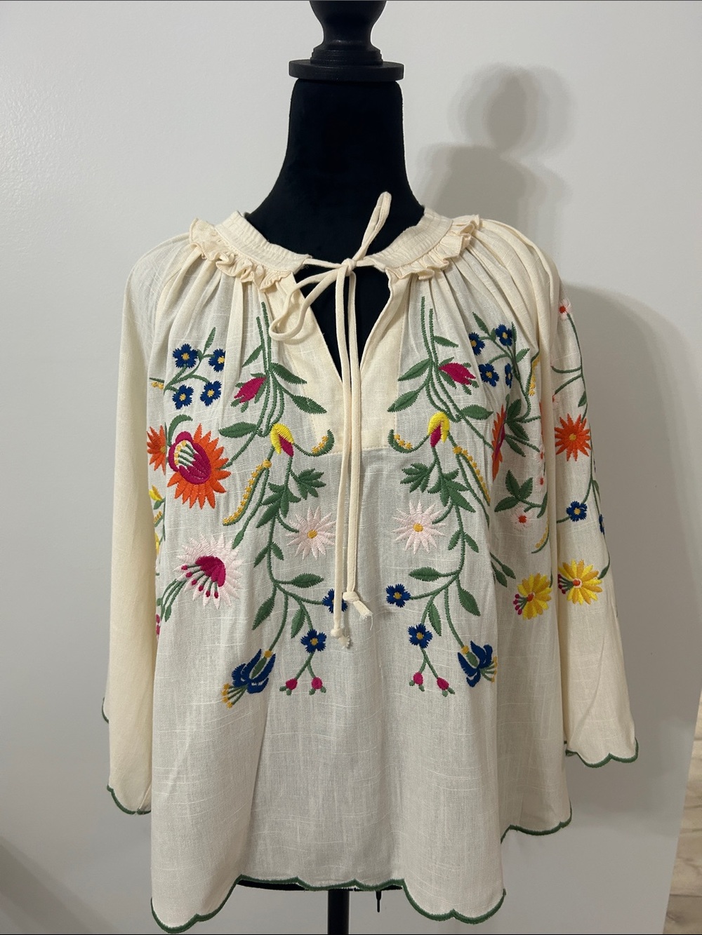 Solitaire Ivory Embroidered Peasant Tunic with Multicolor Floral Motif